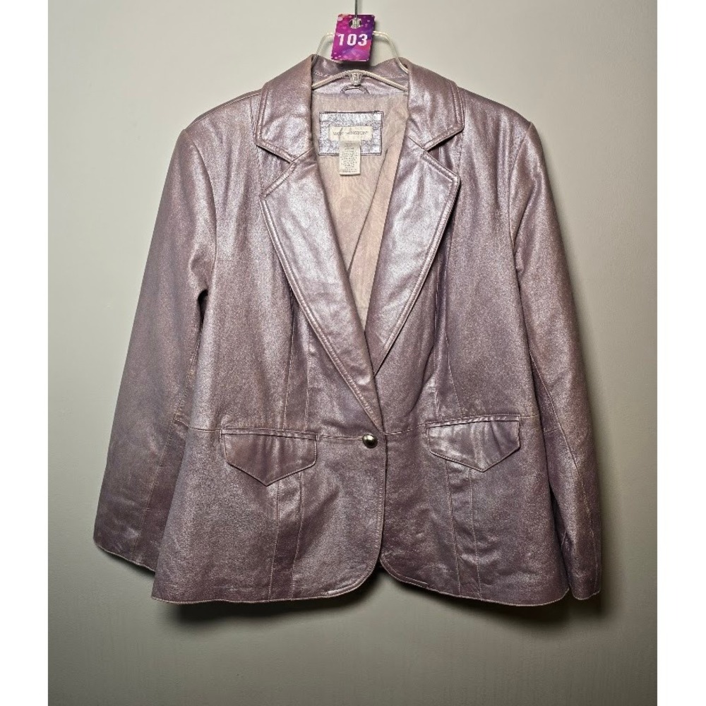 Worthington Womens Blazer Metallic Lilac Leather One Button Jacket Plus Size 1X